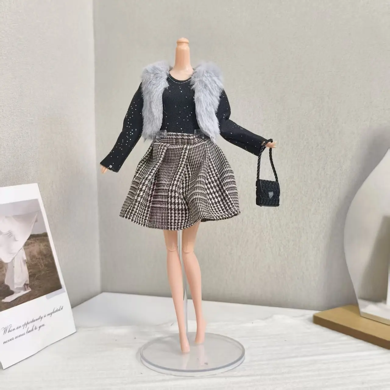 30cm boneca roupas acessórios moda inverno colete de pelúcia + vestido + bolsa conjunto para 1/6 bjd supermodelo boneca diário diy vestir-se