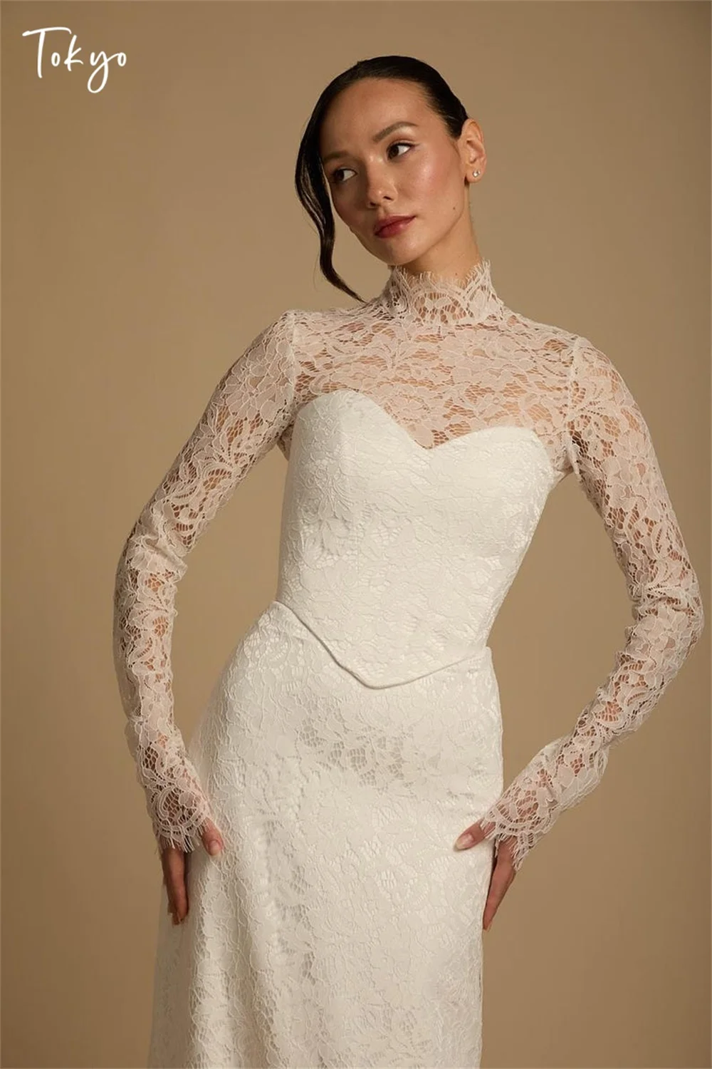 Tokyo Customized White Mermaid Wedding Dresses Long Sleeve High Neck Back Lace-Up Bridal Gowns 2025 Lace A-Line Wedding Gowns