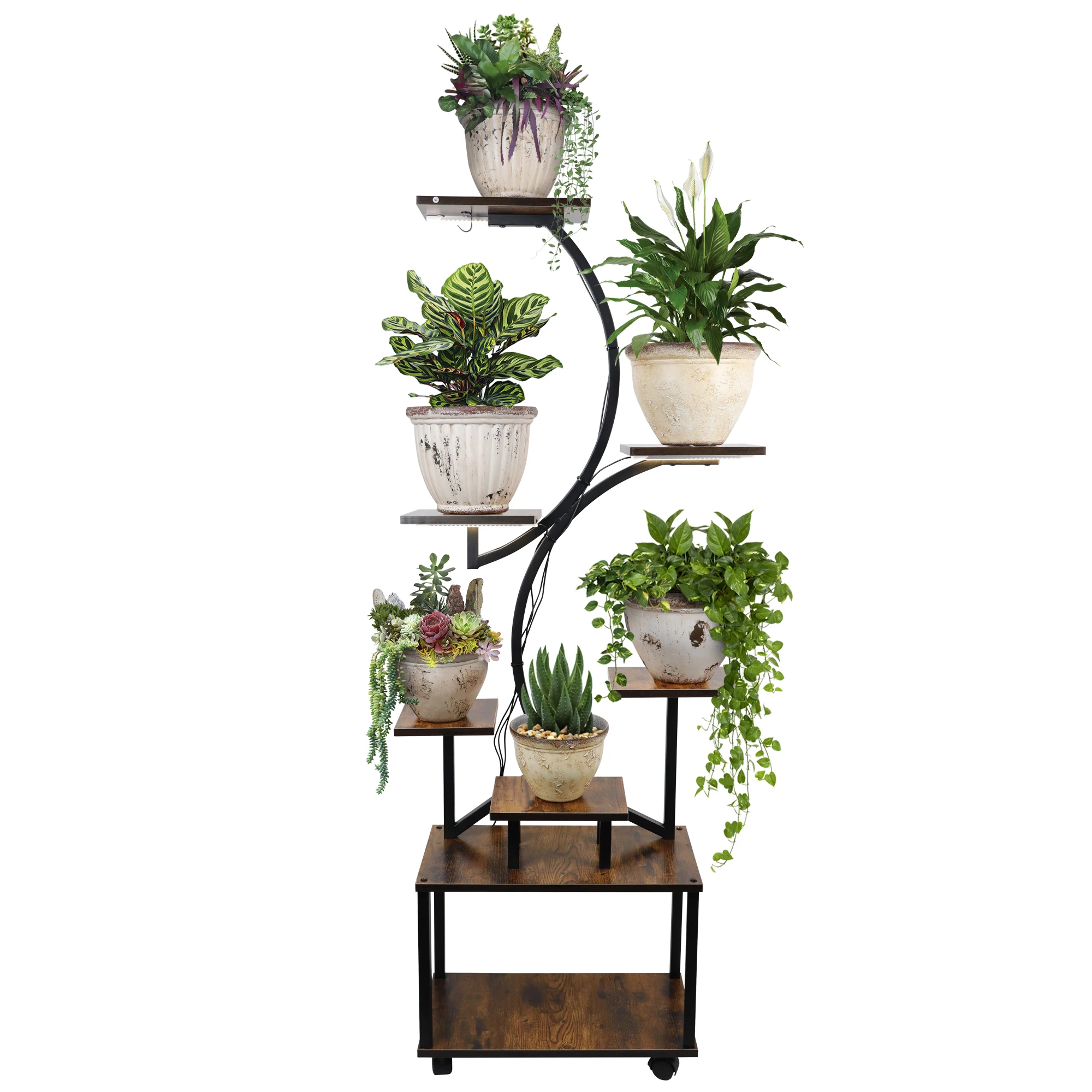 

Indoor Wooden Metal Plant Shelf Corner Flower Rack Tall Plant Stand Large Bonsai Flower Pot Display Stand With LED Light