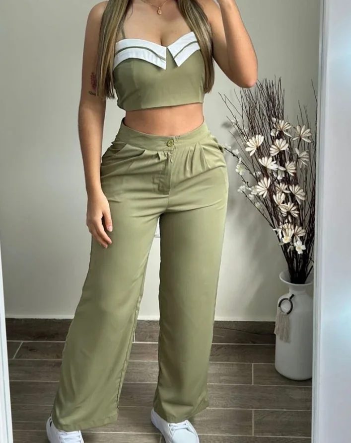 Casual Damesbroek Past Bij Crop Cami Top En Met Ruches Design Broek Met Rechte Pijpen Tweedelige Set Damesoutfit 2024 Zomer