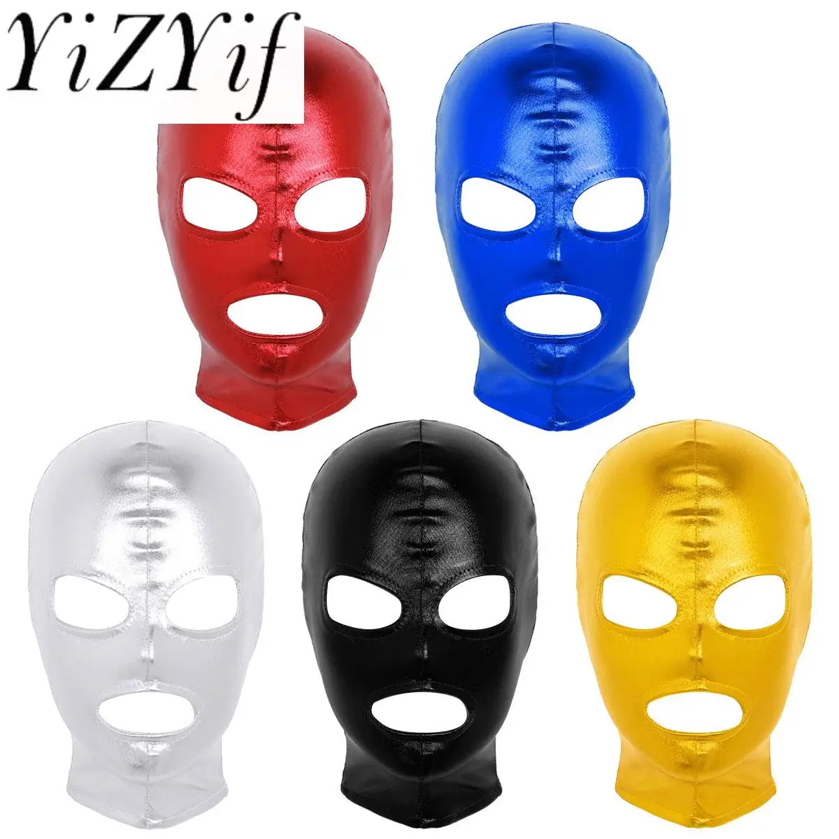 Unisex Mens Womens Latex Shiny Metallic Open Eyes Mouth Headgear Full Face Mask Hood for Role Play Costume