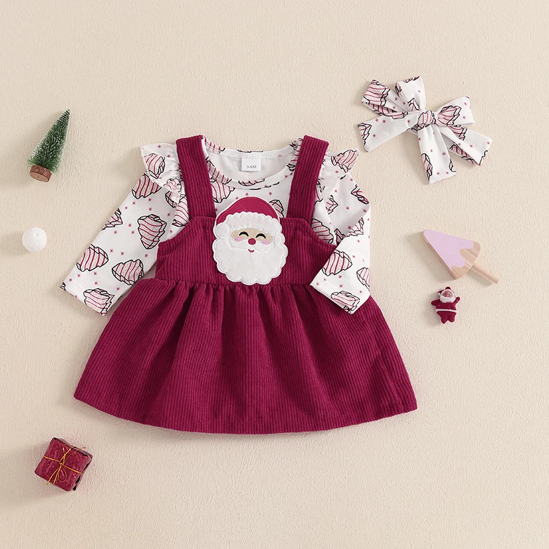 

Baby Girls Set Christmas Tree Ruffles Long Sleeve Romper Santa Corduroy Overall Skirt Hair Band Outfits 0-18 Months