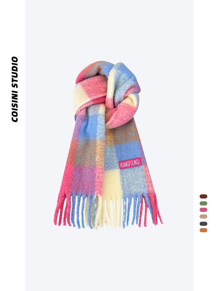 

2025 New Korean Blue Pink Plaid Mohair Scarf for Women Warm and Versatile in Autumn and Winter Including Wool Scarf for Couples