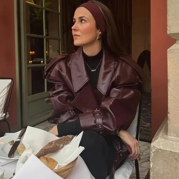 Faux Leather Moto Jacket Vintage Wine Red Belted Turn Down Collar Long Sleeve Pockets Loose Fit Short Streetwear Outerwear Coat