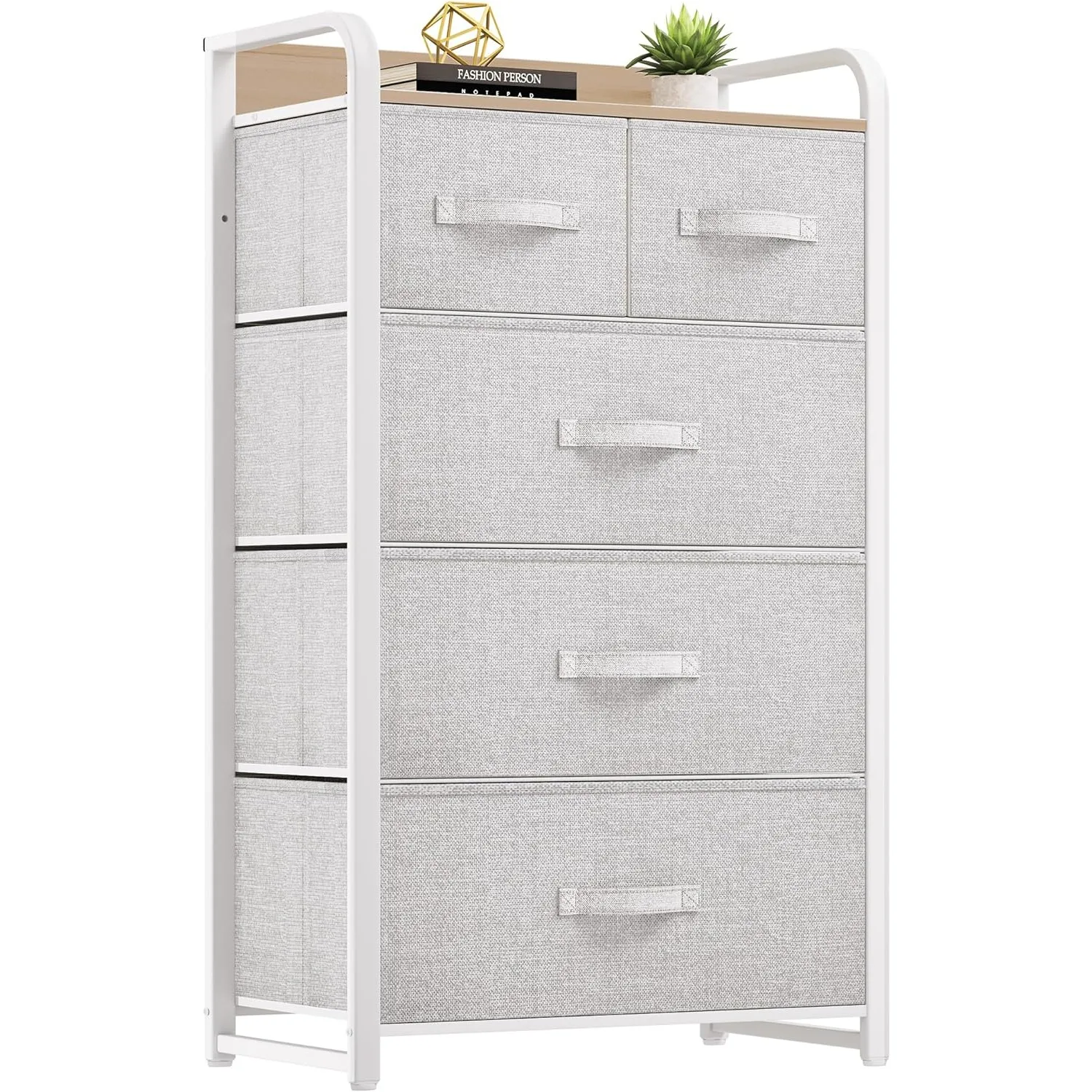 

5 Drawers Fabric Dresser, Storage Tower Organizer Unit for Bedroom, Living Room & Closets - Sturdy Steel Frame, Wooden Top