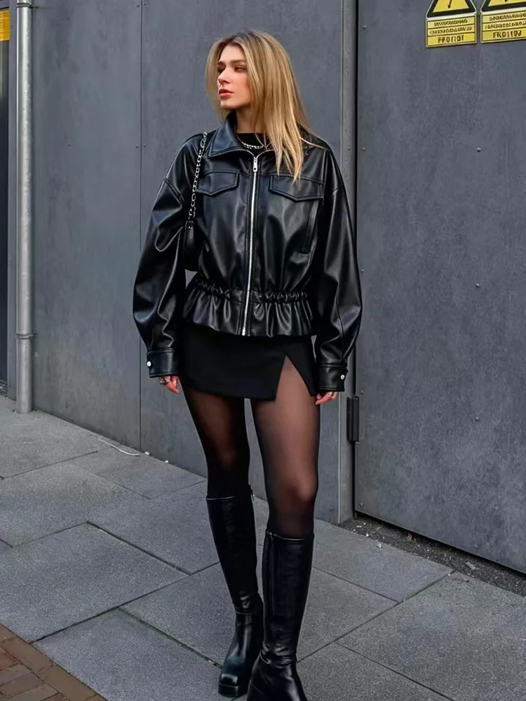 SLTNX Streetwear Women Faux Leather Look Jacket Stand Collar Adjustable Gathered Waist Multi Pocket Oversized Cropped Outer Coat