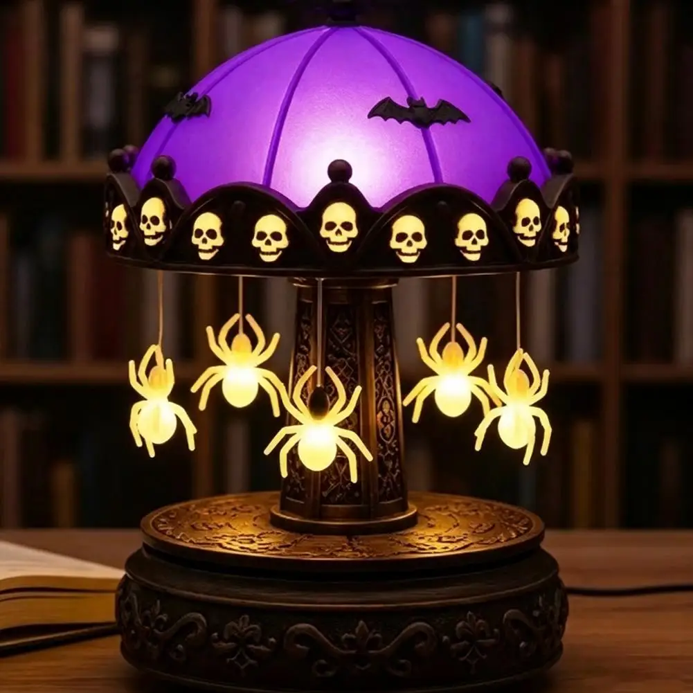 Ghost Projection Light Halloween Night Light Halloween Ghost Carousel Lights Stained Glass Night Light Retro Base Ambient Lamp