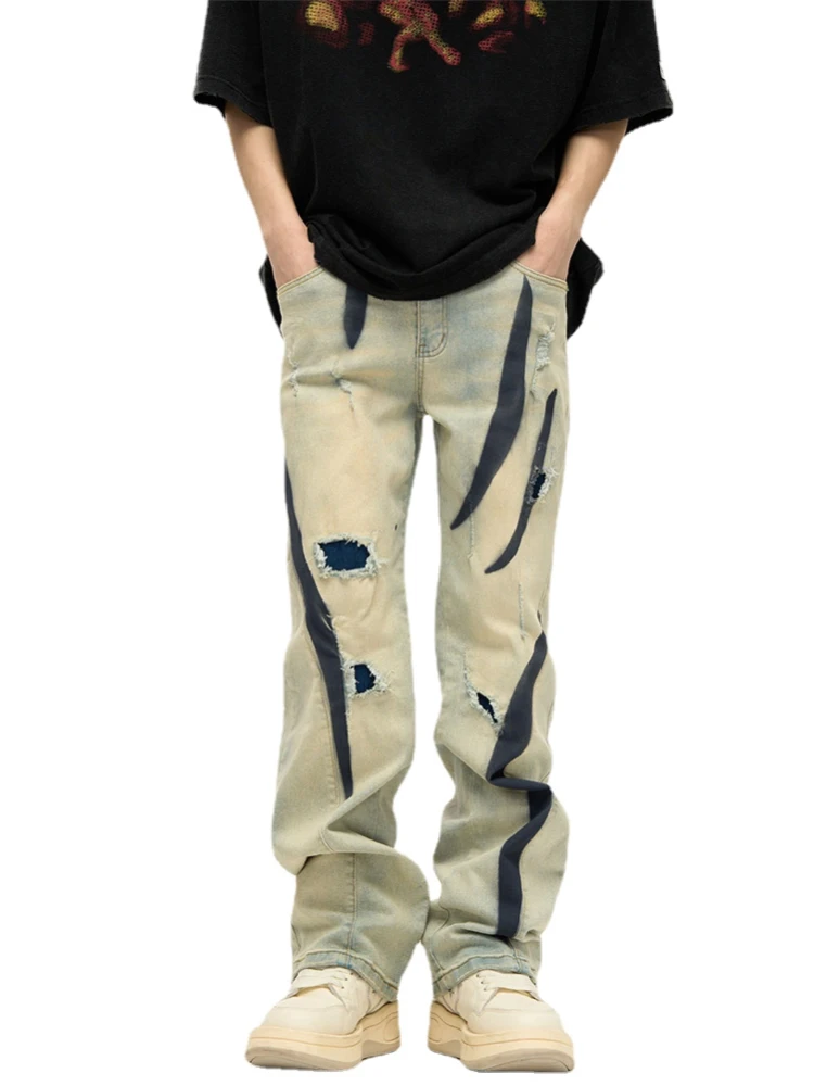

Irregular Graffiti Prtinted Denim Jean Pants Casual Distressed Washed Biker Jeans Hip Hop Streetwear Y2k Mens Straight Joggers