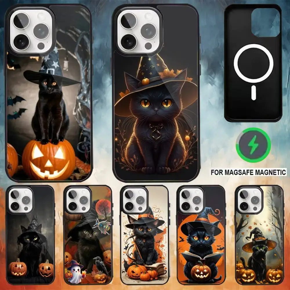 

Halloween Black Cat Witch Phone Case For iPhone17,16,15,14,13,12,11 Plus,Pro Max Magnetic Magsafe Wireless Charging