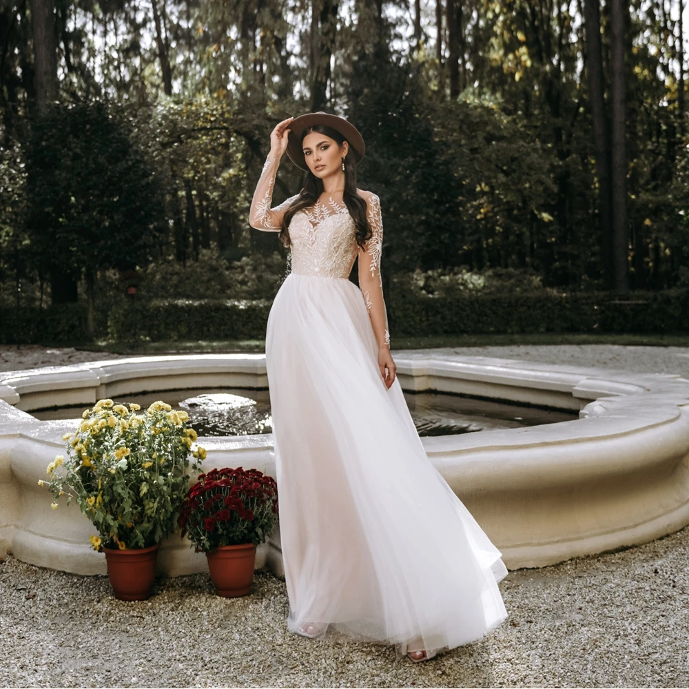 Vestidos de novia elegantes con apliques de cuello redondo, tul de alta calidad, línea A, largo hasta el suelo, vestidos de novia para boda en la playa