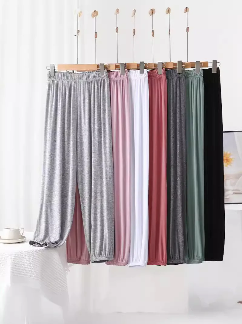 Pantalones De pijama De verano para Mujer, bombachos informales sueltos, Pantalones De chándal De nueve puntos, ropa De casa, Pantalones De Color sólido