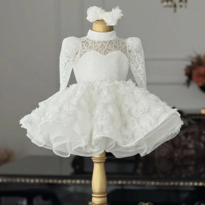 2026 White Princess Dress Girls Long Sleeve Floral Net Lace Gown First Birthday Party Tutu Outfit Flower Girl Pageant Elegant