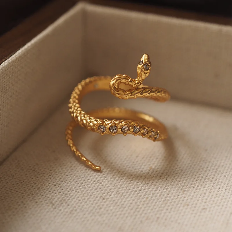 2025 Vintage Mid-century Ring with A Golden Little Snake Design, Inlaid with Diamonds and Has An Open and Adjustable Band.