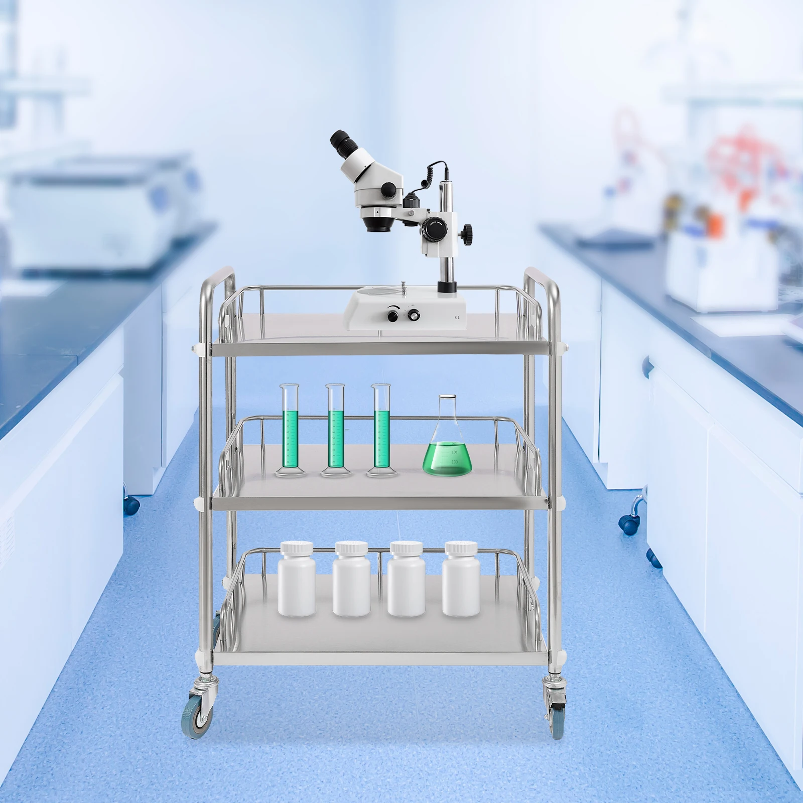 Mobile Lab Cart Trolley 3 Layers Rolling Clinic Serving Cart, Medical Utility Trolley with Silent Omnidirectional Lockable Wheel