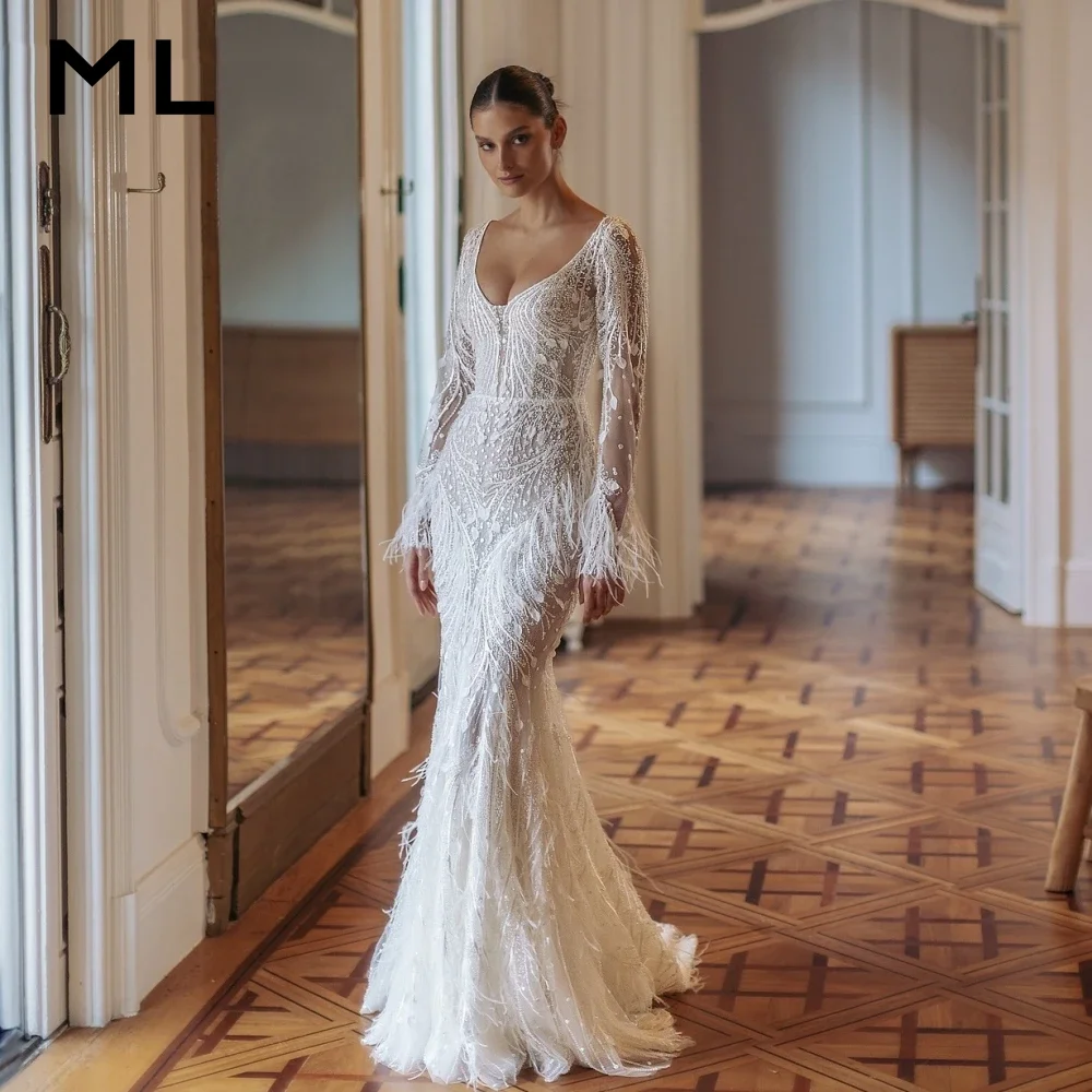 

Свадебное платье ML Dreamy с длинными рукавами, расшитое бисером, роскошное, с перьями, фасон «русалка», 2025, на заказ, с открытой спиной, для невесты