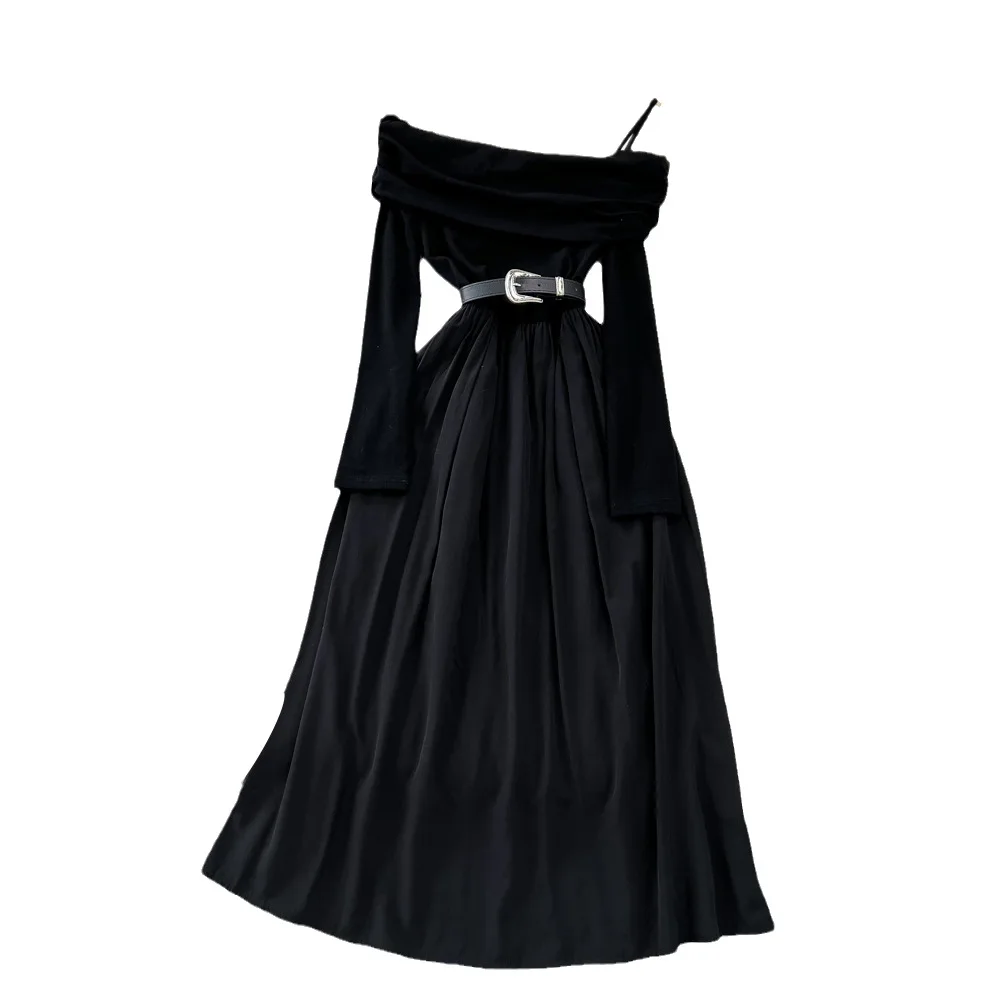 

French diagonal collar off shoulder ruffle edge suspender A-line large swing dress for women vestidos elegantes para mujer