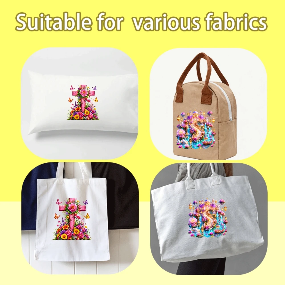 4PCS DIY iron on transfers,9.84in,Floral Cross Fantasy Castle Easy to transfer heat,suitable for T-shirts, washable stickers