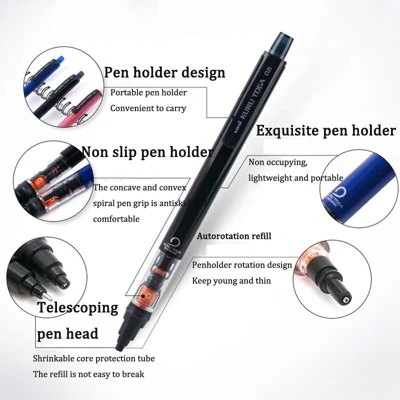 UNIStationery Automatic Mechanical Pencil Anti Slip Grip Pen Scalable Pen tip 0.5mm Refill Rotating Rotation Anti-breaking Core