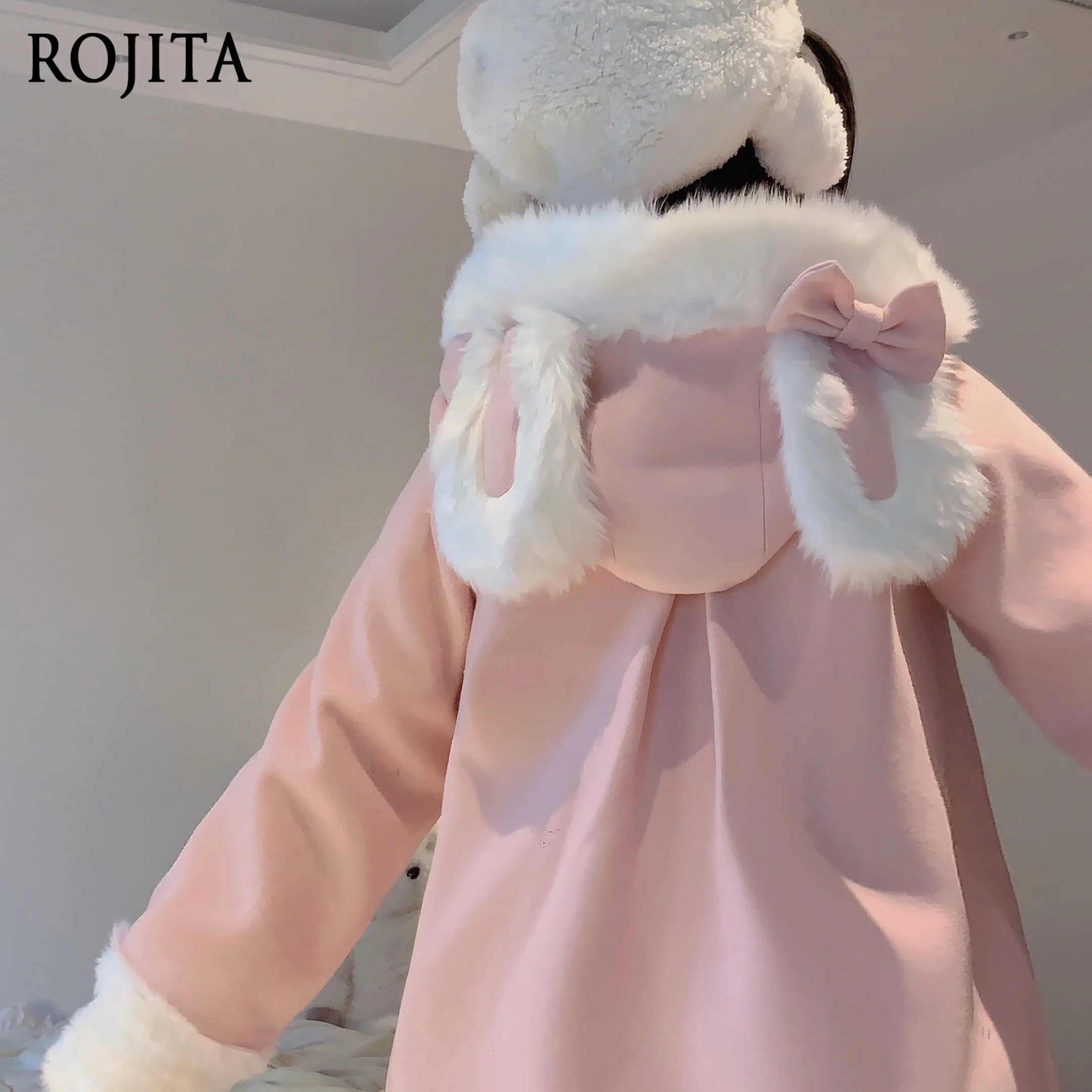 

Pink Coats and Jackets Women Cream Bunny Original Woolen Rabbit Ear Coat Soft Girl Lolita Jacket Coat Women Winter Jacket