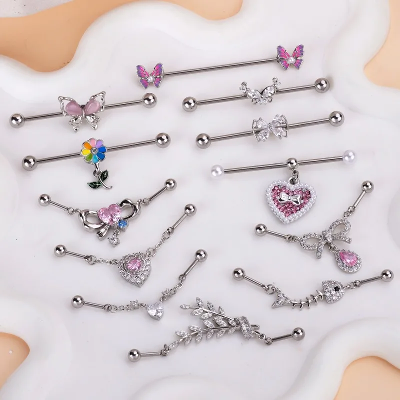 5PCS External Thread Butterfly Zircon Ear Bridge Industrial Barbell Stud Earrings Fishbone Love Double Earrings Long Studs Set