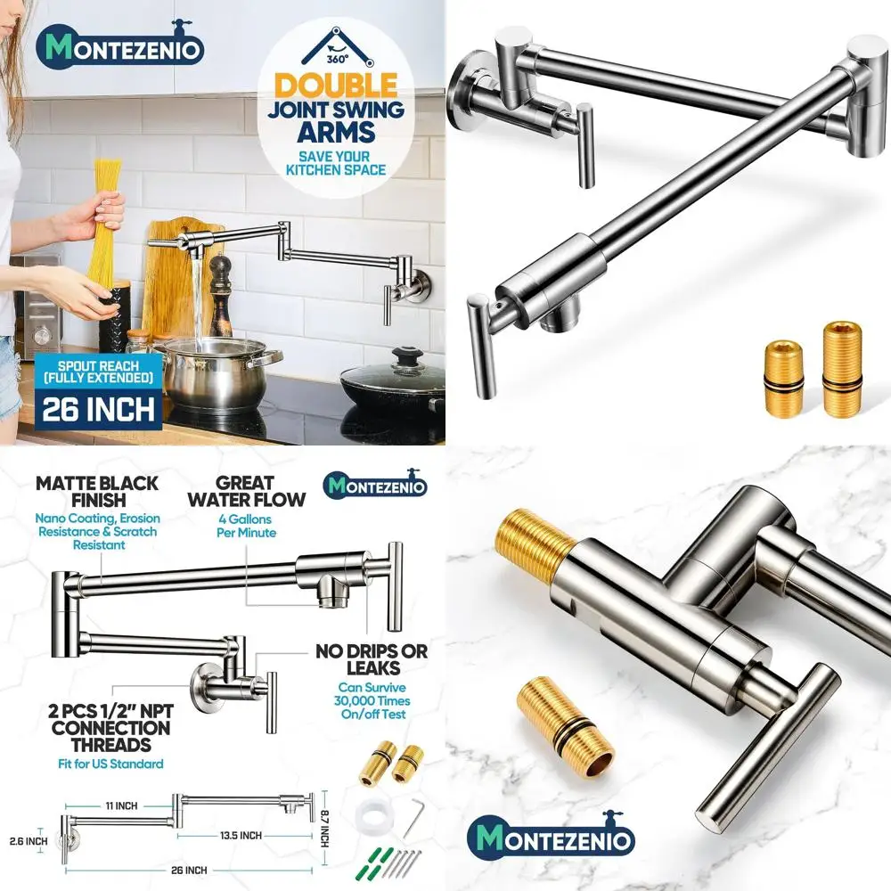 

26 Extended Solid Brass Pot Filler Faucet, Brushed Nickel, 4.5 GPM, Double Joint Swing Arms, Single Hole Two-Handle Kitchen Wall