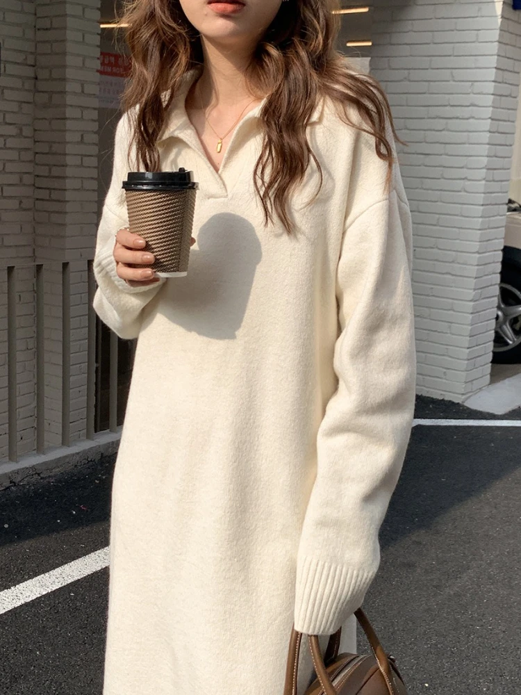 Robe longue tricotée à revers pour femme, manches longues, couleur unie, décontractée, épaisse, chaude, ample, pull, nouvelle collection automne hiver