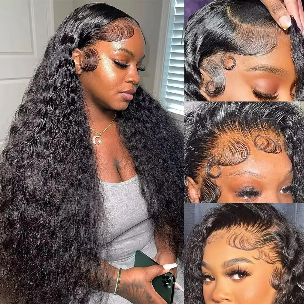 200% Dichtheid 42 Inch 13x6 Diepe Golf Kanten Voorkant Pruiken Echt haar Krullend Echt haar Pruik Krullend Nat en Golvend Watergolf Voor Vrouwen