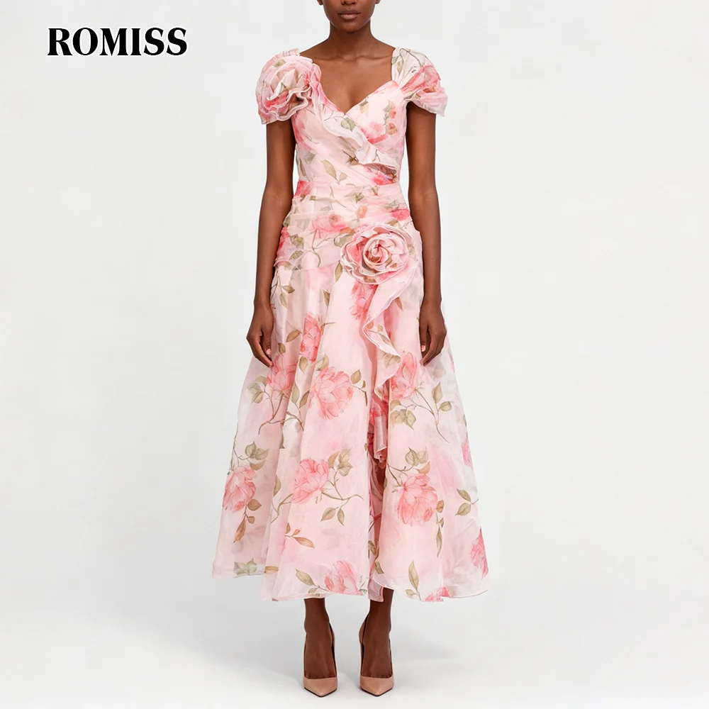 ROMISS Abiti da sera con stampa floreale dolce per donna Slash Neck Manica corta Vita alta Applicazioni impiombate Abito lungo Donna