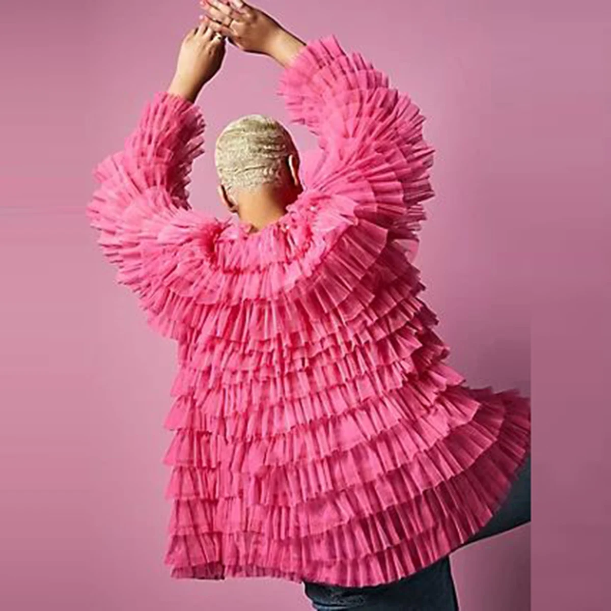 

Pink Tulle Tiered Jacket Long Sleeves Women Tulle Top Formal Wear Girls Cloak To Party Custom Color And Size Jacket Outer Wear