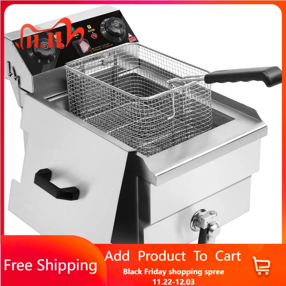 12.5QT/11.8L Electric Deep Fryer w/Frying Basket, Timer, Drain, & Lid, Commercial Countertop Single Tank Frying Machine,