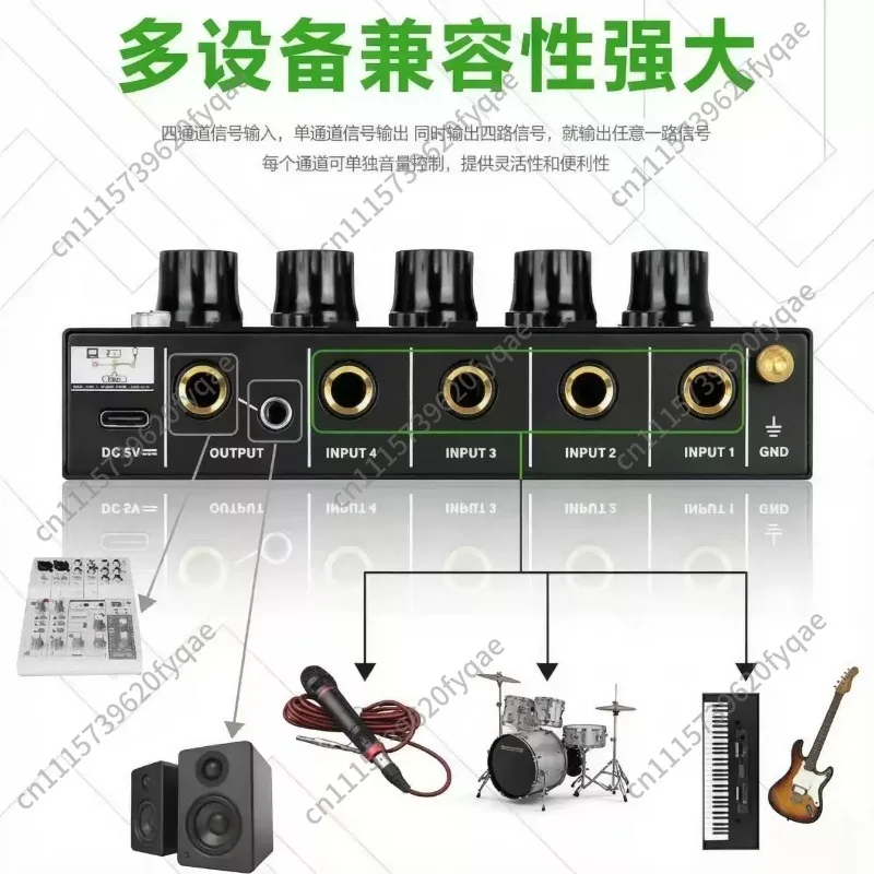 Mini Stereo Audio Mixer 4‑Input 2‑Output Microphone Hub Expander for Live Streaming Recording Stage Musical Instrument