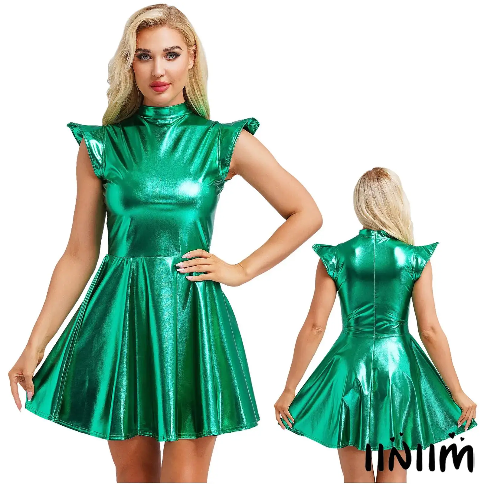 

Women Modern Pole Dance Show Costume High Waist A-line Flare Skater Dress for Halloween Carnival Disco Party Street Wear