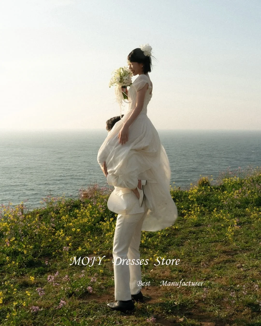 فستان زفاف موجي بياقة مربعة على شكل حرف a من التل لالتقاط الصور الكورية بطول الأرض وأكمام منتفخة مخصصة فساتين العروس مشد ستناء