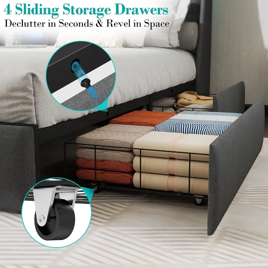 Queen Size Bed Frame with 4 Storage Drawers and LED Lights for Modern Bedrooms Upholstered Headboard with Built-in Charging Sta - Image 6