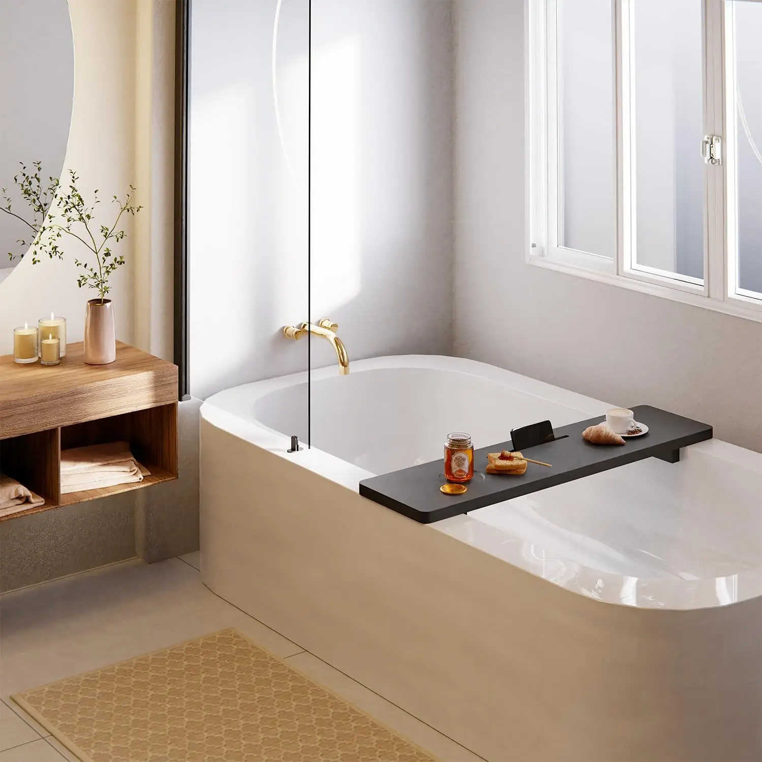 

35in Black Wooden Bathtub Tray | Anti-Tip Large Bath Caddy with Wine Holder & Phone Slot | Relaxation Spa Accessory for Adults