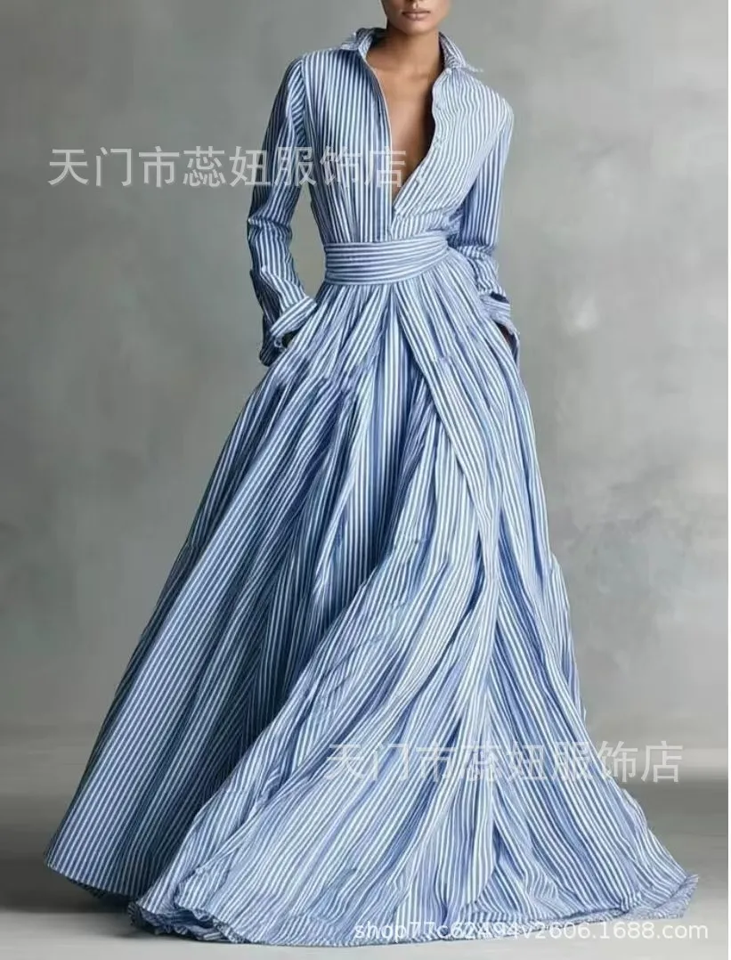 Elegant autumn winter long dress striped fashion loose evening dress long-sleeved stand-up collar high waist front open dresses