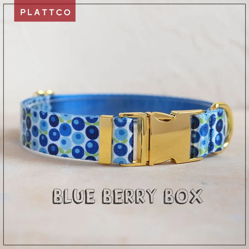 PLATTCO unique design dog collar print BLUE BERRY BOX pattern and high-quality gold buckle 5 size PDC328YG