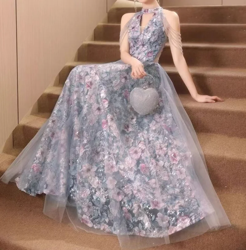 

Customized Floral Print Gown V neck Tulle Skirt Embroidery Tassel Detail Temperament Hanging Neck Style Women's Evening Dress