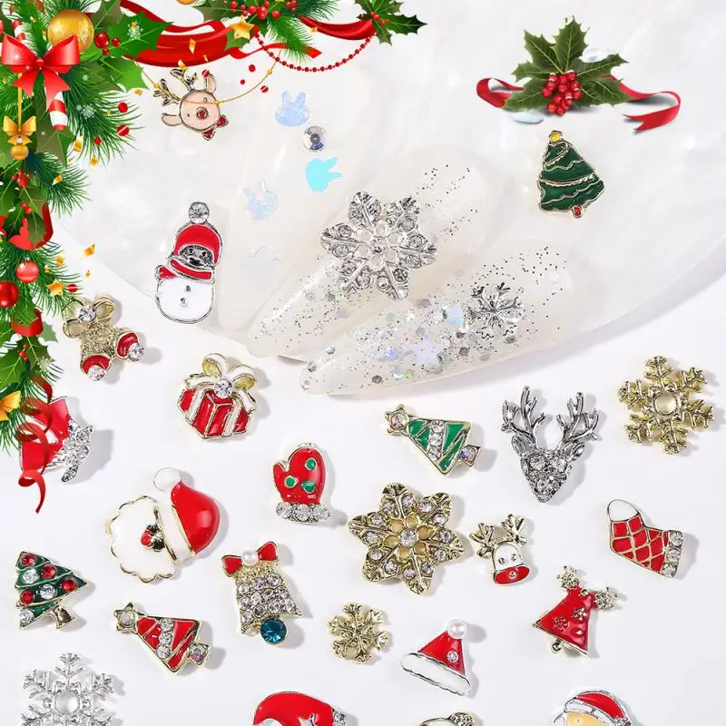 10 Uds. De piezas de Metal para uñas con copos de nieve de Navidad, dijes para uñas con circonita y diamantes, accesorios de decoración para uñas DIY con purpurina navideña