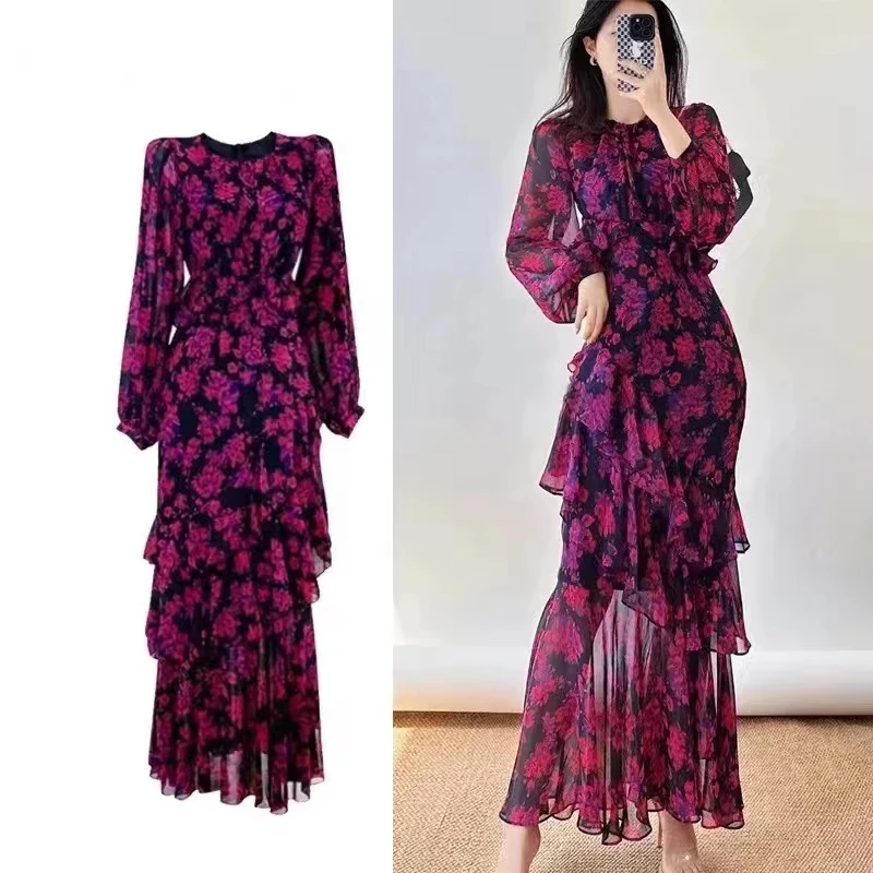 

Runway Designer Purple Print O Neck Hollow Out Chiffon Ruffles Summer Maxi Dresses Party Nigh Holiday Dress Hole Robe De Mujer