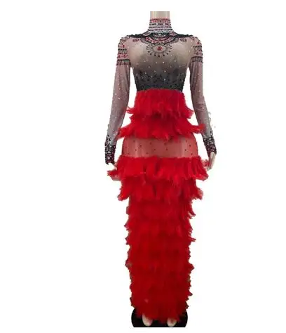 Red Feather Prom Dresses Evening Gowns Mesh See Through Plus Size Evening Dresses Maxi Elegant Glitter Crystals Club Dress