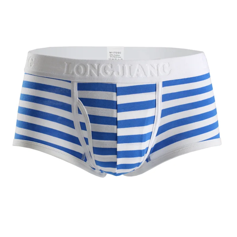 Mens Underwear Striped Trunks Skinny Cotton Breathable Cozy Sweat Absorption Mid-rise Penis Pouch Side Split Sports Boxer Shorts