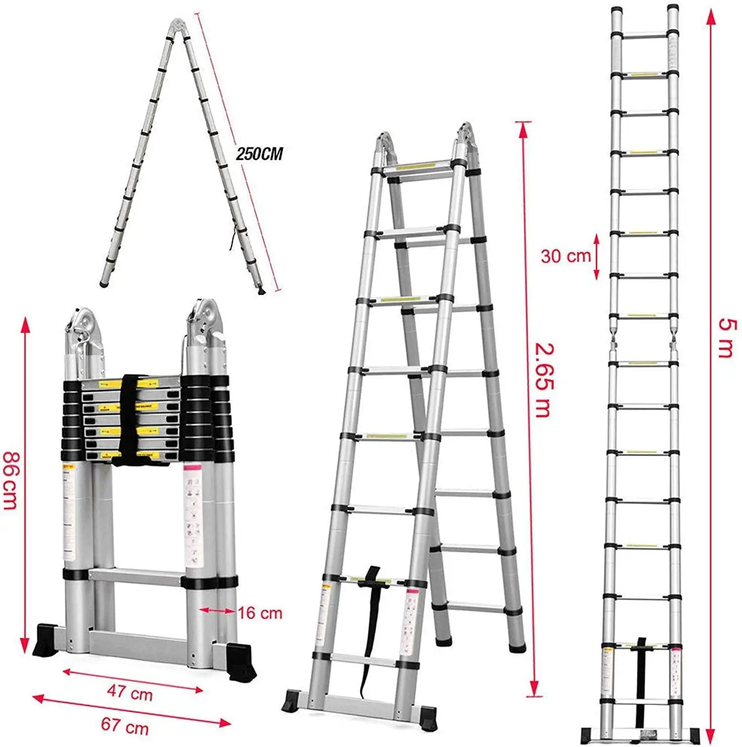 Aluminum Telescoping Telescopic Ladder 5M/16.5Ft A Frame Portable Extension Folding Multi-Purpose