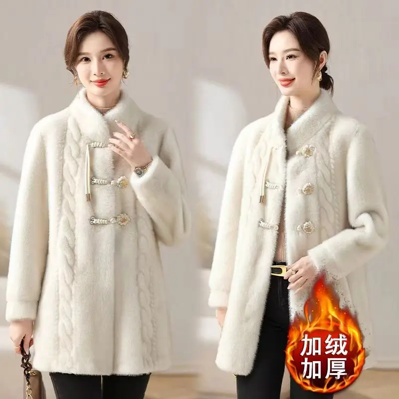 Brown Fur Coat Mom Winter Coat Thickened Medium Long Imitation Mink One Piece Stand Collor Coat Women Fur Jacket Female