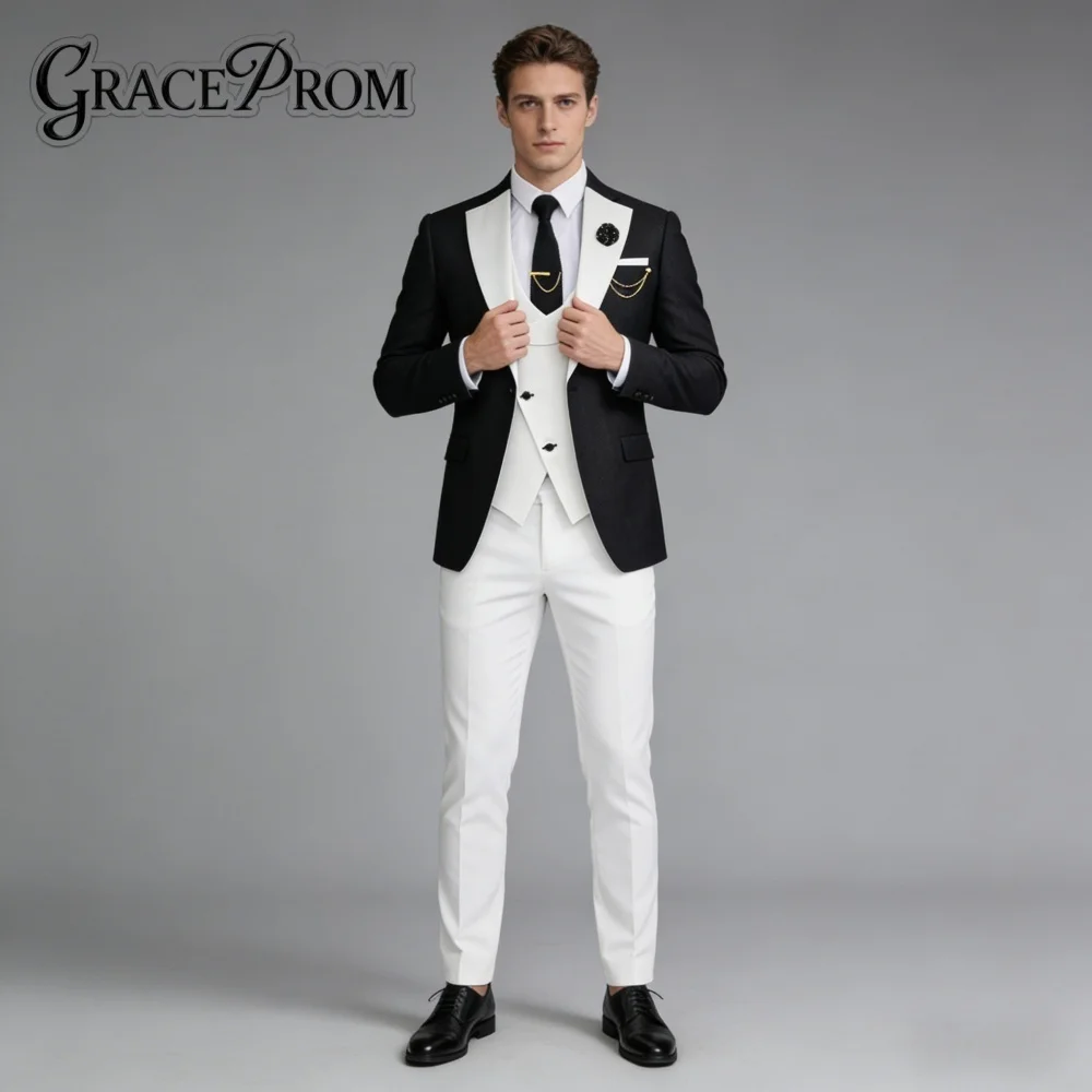 

Elegant Black White For Men Wedding Luxurious Shawl Lapel 3PCS Suit Groom Suit Set Jacket Vest Pants Wedding Occasion Customized