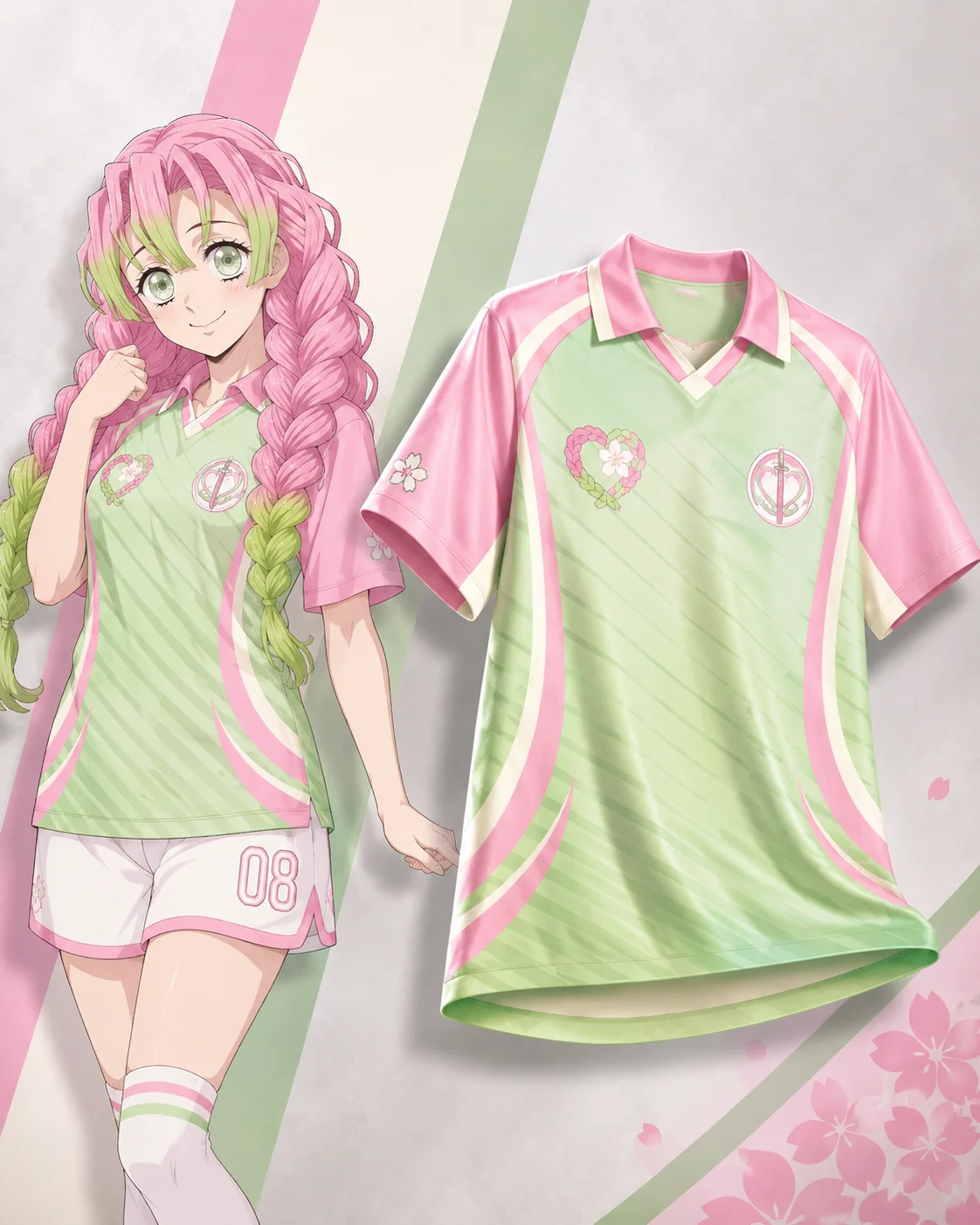 V-neck Polo mesh fabric ghost elimination love pillar love cherry blossom badge 3D printed casual sports jersey T-shirt