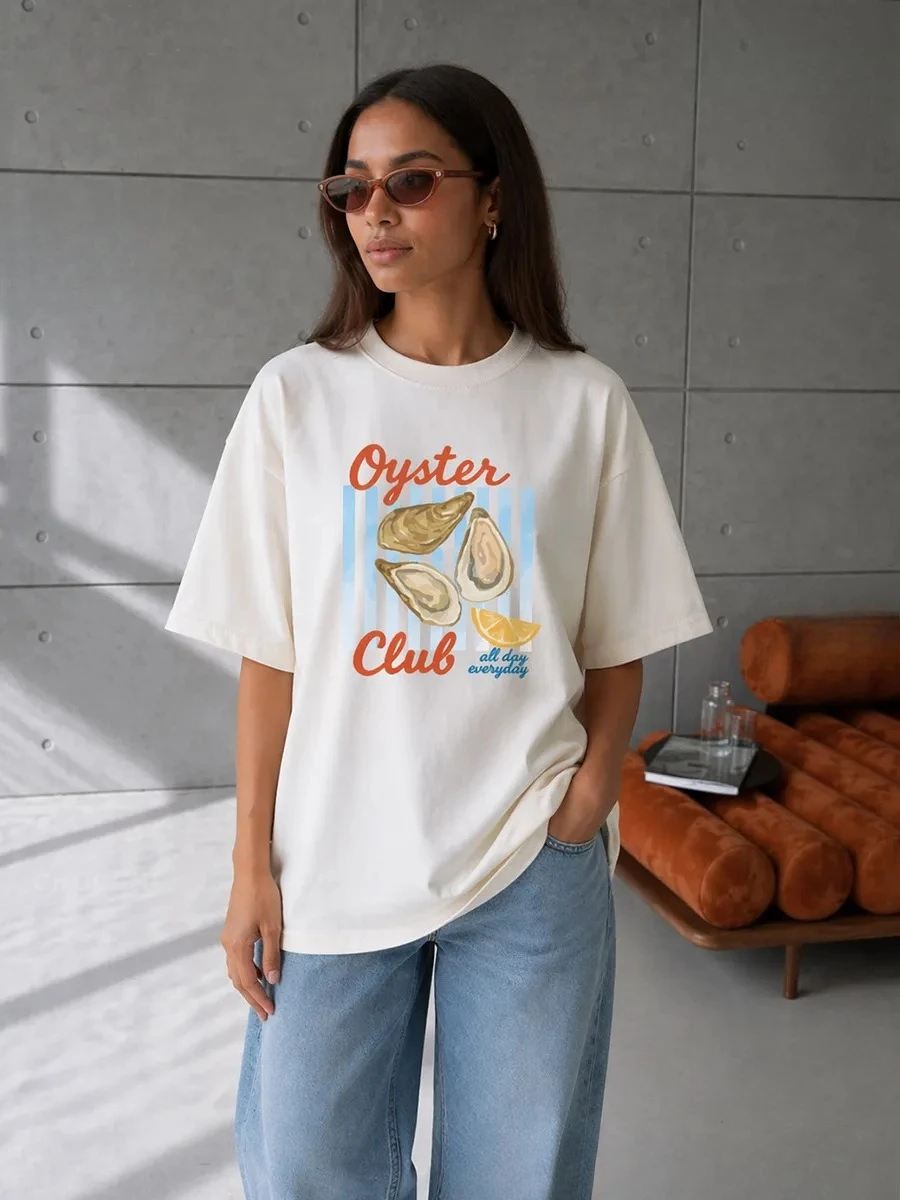 Summer American Ins Women's Retro Seafood Printing T-Shirt Trendy Retro Y2k Oyster Lobster Cute Loose Vacation Half Sleeve Top