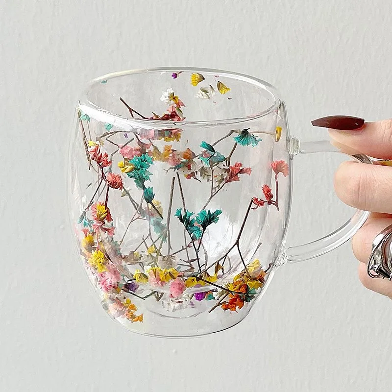 Dried Flower Filler Glass Cup Creative With Handles Heat Resistant Coffee Cup Double Wall Mug