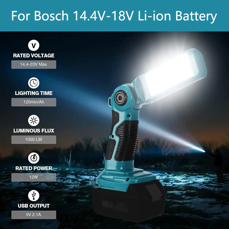 

12 Вт 1000LM светодиодный портативный фонарик для аккумулятора Bosch 14,4-18 В, светодиодный рабочий фонарь, ручной прожектор с USB-портом, поворотный на 90 градусов
