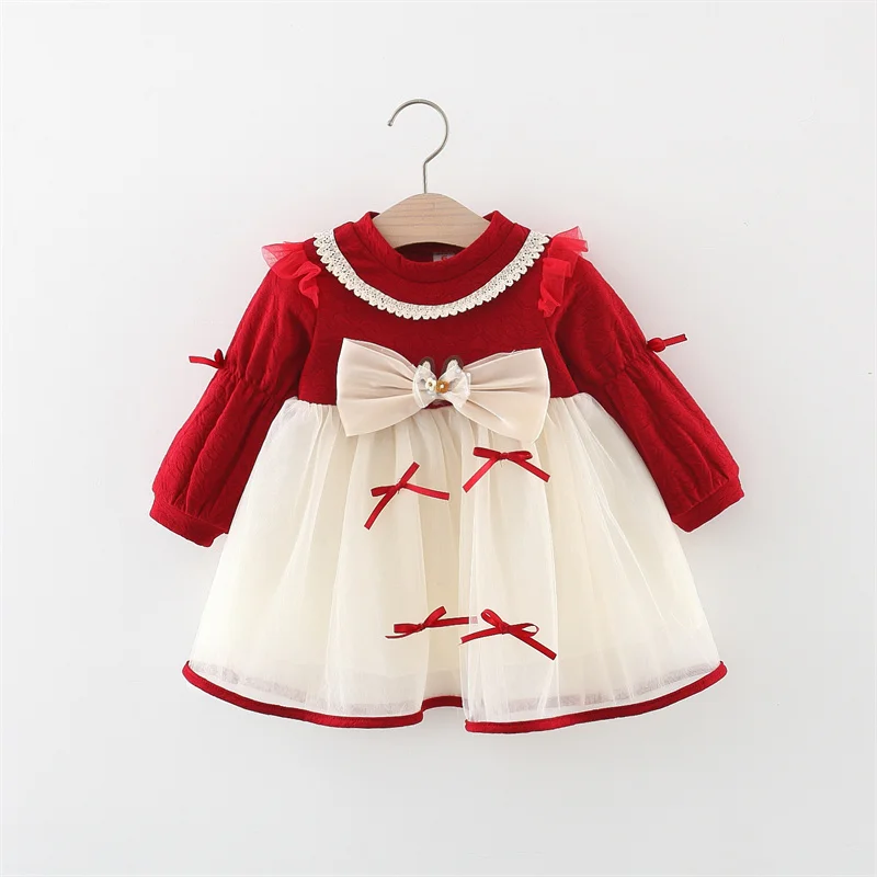 Autumn Baby Girl Long Sleeve Mesh Dress Lace Bow Cute Party Children Clothing Fashion Korean Style Toddler Kids Costume 0 To 3Y